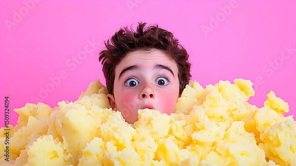 Fototapeta Surprised Boy Emerging from a Mound of Mashed Potatoes Against Pink Background