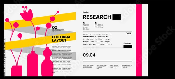 Fototapeta Editorial layout combining vases, flowers and vibrant text stripes, showcasing a bold and energetic style in fuchsia pink and yellow palette.