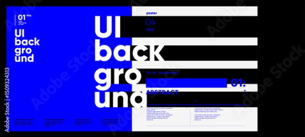 Obraz Bold typographic layout with vertical repetition, black and white stripes, and vivid blue contrast, designed for modern UI abstract poster presentation.