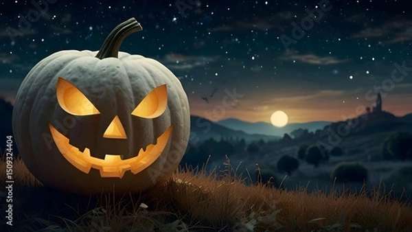 Fototapeta Elegant Halloween scene with a white pumpkin carved with celestial symbols, glowing gently under a starlit sky, Art Nouveau style illustration.
