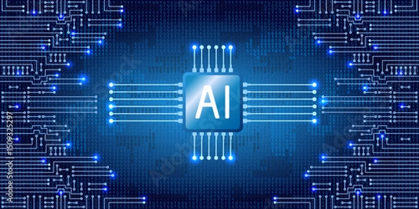 Obraz Electronics circuit with binary code. Futuristic digital design, world of artificial intelligence and digital technology for banners, tech backgrounds and innovative branding.