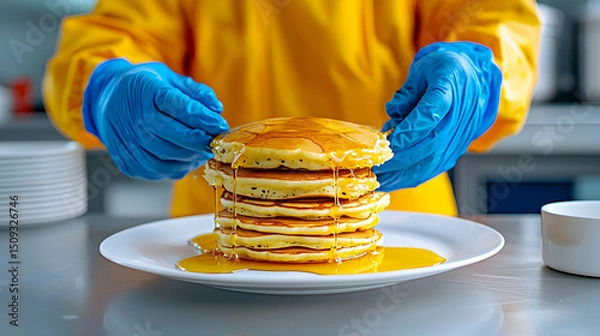 Fototapeta Gloved Hands Carefully Plate a Stack of Golden Pancakes Drizzled with Syrup