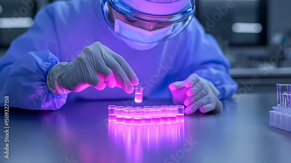 Fototapeta Scientist in Protective Gear Conducting an Experiment with Glowing Purple Fluid in a Modern Laboratory