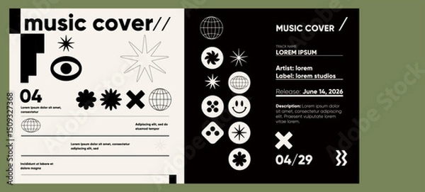 Obraz Retro-inspired music cover template with playful symbols and icons, sharp contrast layout, and strong typographic hierarchy in a dual-color panel.
