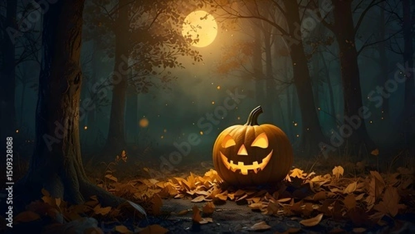 Fototapeta A carved Halloween pumpkin glowing softly in a misty moonlit forest, surrounded by fallen golden leaves, in a painterly, storybook style.