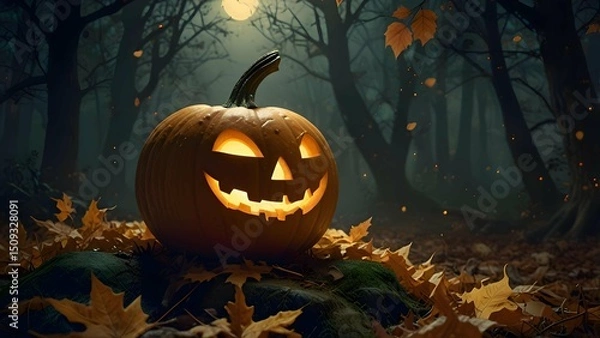 Fototapeta A carved Halloween pumpkin glowing softly in a misty moonlit forest, surrounded by fallen golden leaves, in a painterly, storybook style.