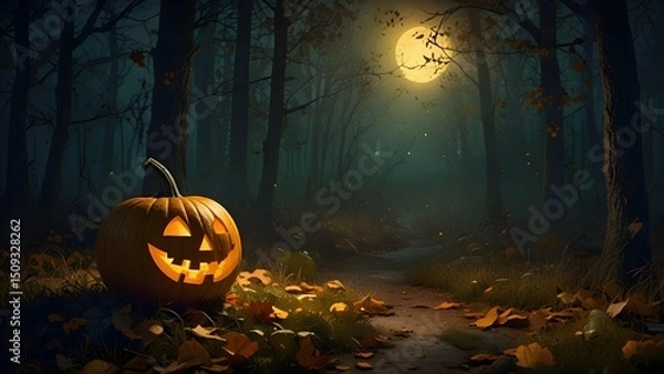Fototapeta A carved Halloween pumpkin glowing softly in a misty moonlit forest, surrounded by fallen golden leaves, in a painterly, storybook style.