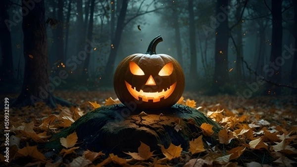 Fototapeta A carved Halloween pumpkin glowing softly in a misty moonlit forest, surrounded by fallen golden leaves, in a painterly, storybook style.