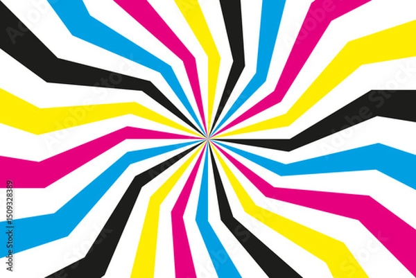 Fototapeta CMYK abstract spiral background. Swirl illustration of four cmyk colours. Cyan, magenta, yellow and black. Colorful bright pattern. Simple vector illustration