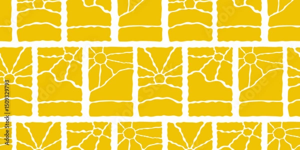Fototapeta Groovy Sun Seamless Pattern Set. Vector Wavy Geometric Sunshine in 60s, 70s. Retro Abstract Background in Freehand Hippie Style for design, wrapping paper and fabric printing