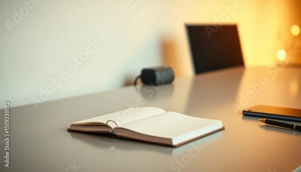 Fototapeta Open notebook on desk with modern workspace elements in soft light ambience