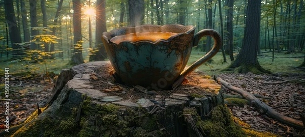 Fototapeta A whimsical treehouse nestled in a giant teacup, suspended high in a towering tree