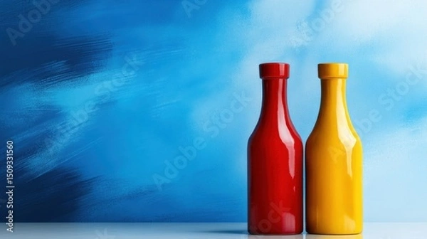 Fototapeta Two vibrant sauce bottles, one red and one yellow, are placed side by side on a white table against a soft blue backdrop. They create a striking visual contrast and an inviting look.