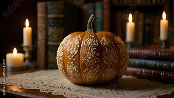 Fototapeta A intricately carved pumpkin with floral and lace patterns, placed on a Victorian-style table with candles and antique books, soft candlelight ambiance.