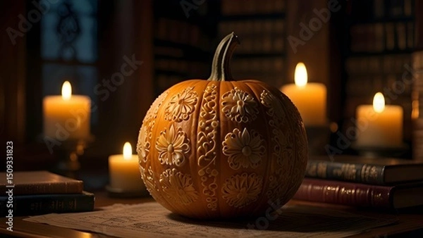 Fototapeta A intricately carved pumpkin with floral and lace patterns, placed on a Victorian-style table with candles and antique books, soft candlelight ambiance.