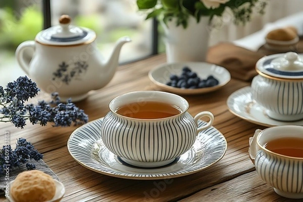 Fototapeta A cozy tea setup with a striped tea cup, teapot, and fresh blueberries on a wooden table, complemented by flowers in soft lighting.