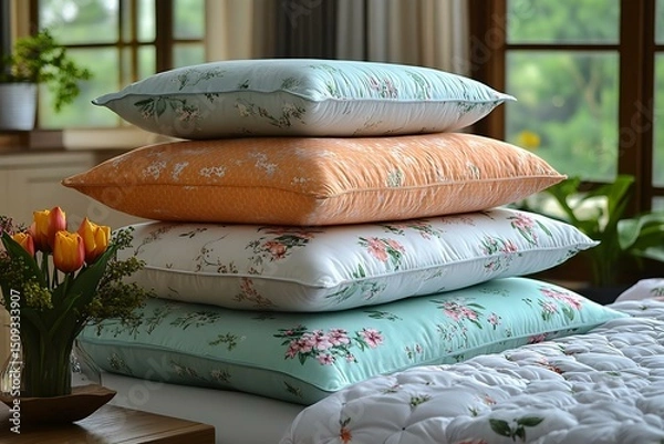 Fototapeta A stack of decorative pillows in soft pastel colors arranged beautifully in a cozy bedroom setting, showcasing floral patterns and natural light.