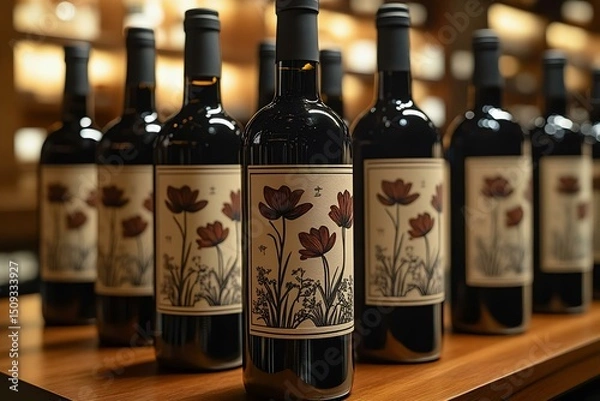 Fototapeta Elegant wine bottles displayed on a wooden shelf, featuring artistic labels with floral designs, perfect for a winery or restaurant setting.