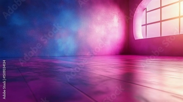 Fototapeta A vibrant, illuminated room featuring a colorful gradient of pink and blue on the walls and floor, perfect for creative projects or backgrounds.