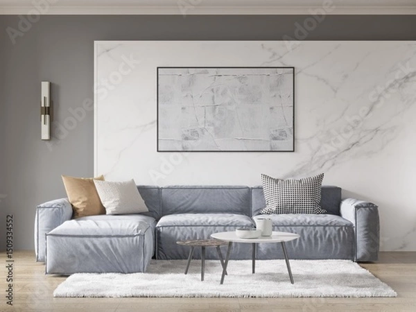 Fototapeta Mock up a living room with an interesting design with a comfortable spacious sofa and a stylish decorative background, 3D rendering.