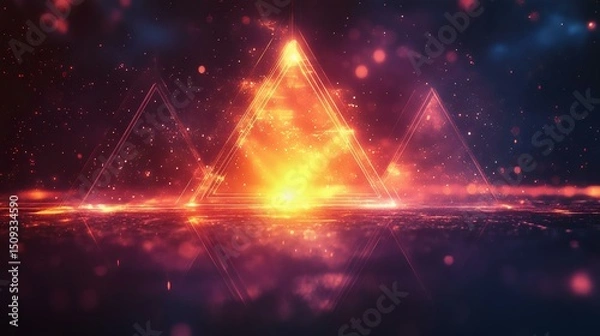 Fototapeta A vibrant abstract scene with glowing triangular shapes amidst a cosmic backdrop, exuding energy and light. Perfect for digital art enthusiasts.