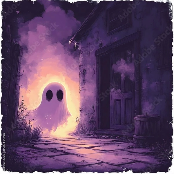 Obraz A mystical, glowing ghost in a spooky alley at night, surrounded by dark, moody colors and an eerie atmosphere. Perfect for Halloween themes.