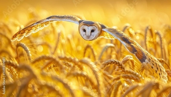 Fototapeta A barn owl gliding gracefully over a field of golden wheat under a clear blue sky