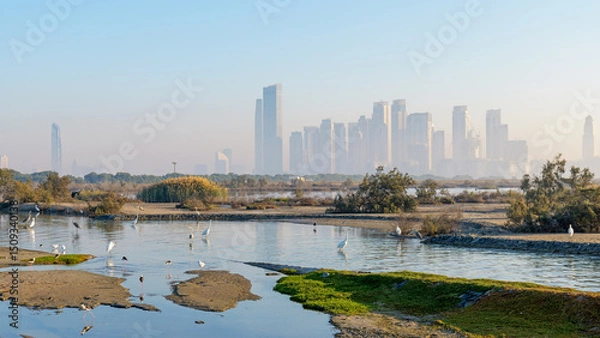 Fototapeta  calm view of birds and wetlands at Ras Al Khor Wildlife Sanctuary in Dubai. The city skyline in the background highlights the mix of nature and urban life
