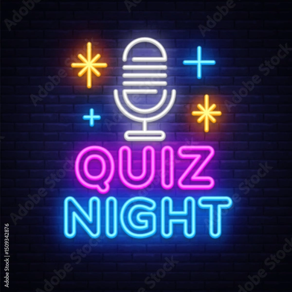 Fototapeta Quiz night neon sign with microphone. Vector illustration with glowing text QUIZ NIGHT and shining mic icon on dark brick wall.