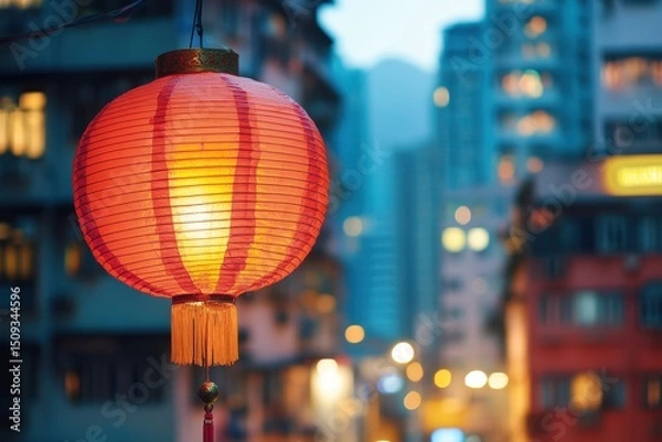 Fototapeta Hong Kong city backdrop featuring a Chinese lantern