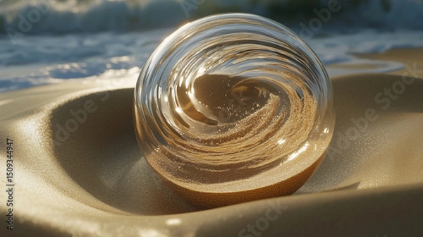 Fototapeta Sand in a swirling vortex inside a clear glass orb, symbolizing fleeting time