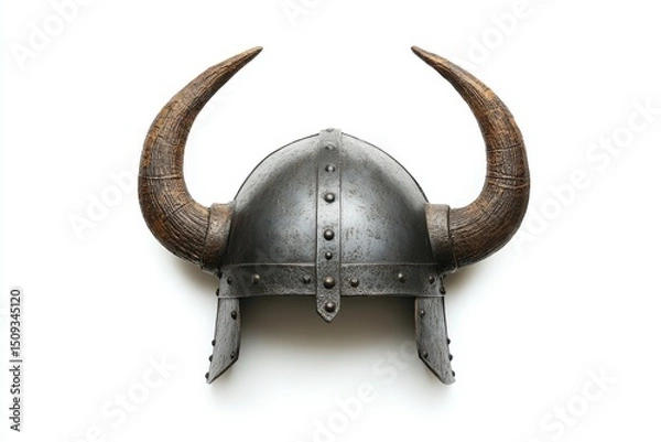 Fototapeta Horned Viking helmet set against a white backdrop