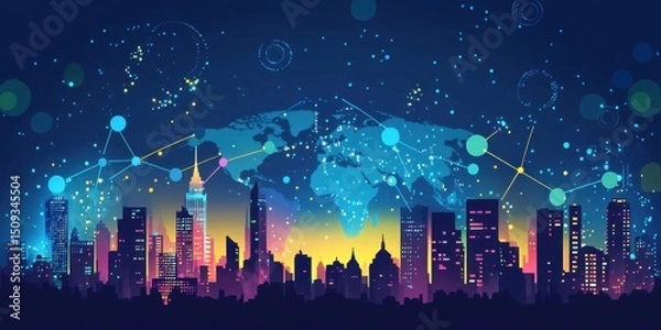 Fototapeta A digital illustration of the Earth with global network connections linking cities across continents, representing interconnectedness and connectivity in technology Generative AI