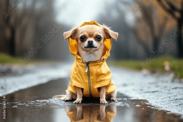 Fototapeta humorous chihuahua wearing a raincoat outside near a puddle
