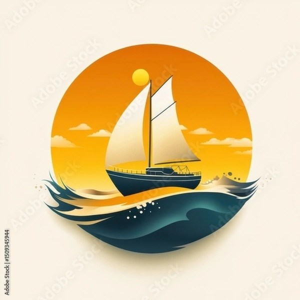 Fototapeta Sailing in golden sunset over calm waves with gentle clouds and a bright sun