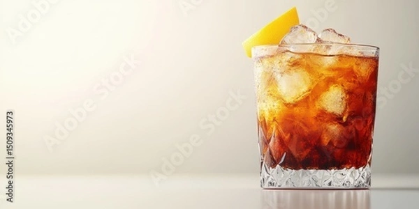 Fototapeta Refreshing cocktail served over ice with a citrus twist at a modern bar setting