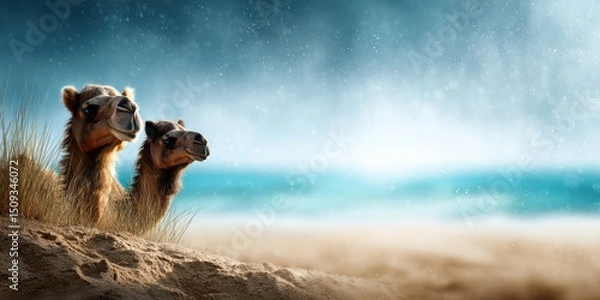 Fototapeta Camels resting on sandy beach by the sea with a dramatic sky in the background during the early evening