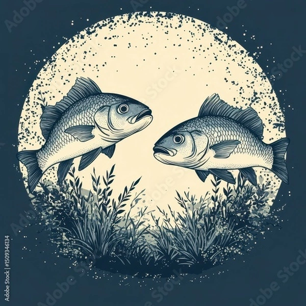 Fototapeta Two detailed fish swimming gracefully in a serene aquatic environment with soft colors and natural elements