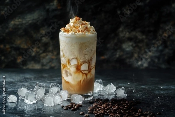 Fototapeta Iced coffee served in a tall glass with cream ice cubes and beans on a dark concrete sur