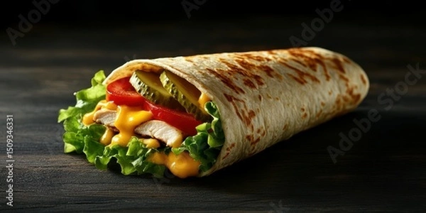 Fototapeta Deliciously wrapped chicken and vegetable burrito with cheese and fresh ingredients served on a dark wooden surface