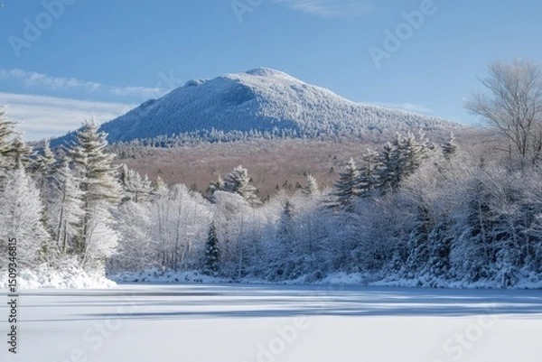 Fototapeta Icy lake and snow clad mountain forest
