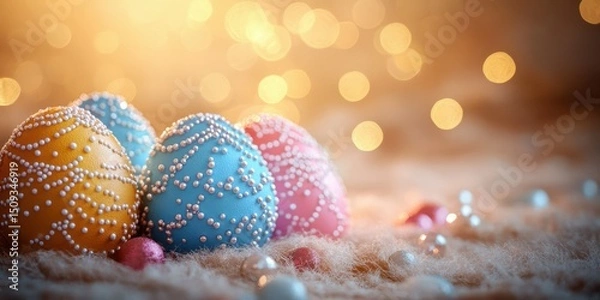 Fototapeta Colorful Easter eggs with decorative beads illuminated by soft lights during a spring celebration