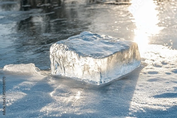 Fototapeta Icy winter conditions ice block resting on a sunlit frozen pond
