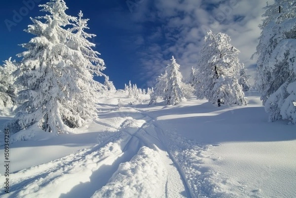Fototapeta Ideal winter day for skiing in pristine powder