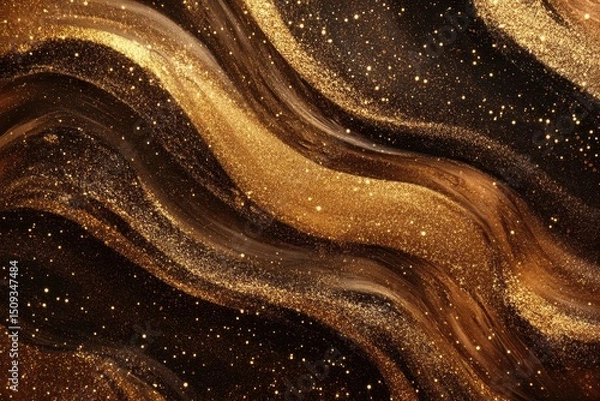 Fototapeta Illuminated abstract background with golden bronze shimmering waves on brown