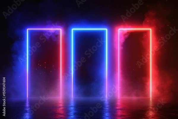 Fototapeta Illuminated neon door frame with steam and sparkles Realistic vector art of a blue red