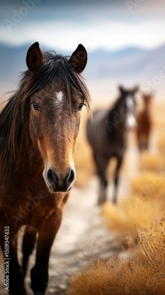 Fototapeta Majestic horse stands in focus on a quiet path with other horses grazing in the background