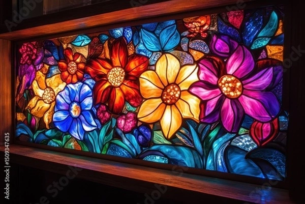 Fototapeta Illuminated glass artwork Backlit handmade pieces featuring flowers and bright hues abst