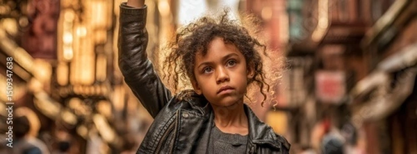 Fototapeta African american girl, black history month, kid with fist raised, black baby, copyspace, blank space for text, inclusivity, diversity and protest’ becomes ‘Black history month concept, african