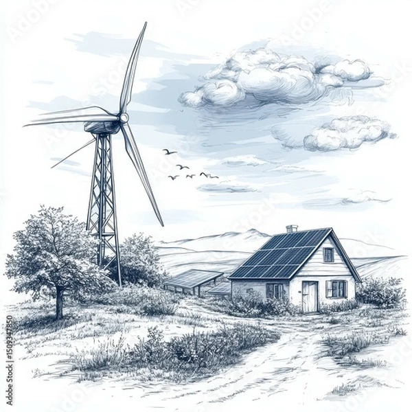 Fototapeta Wind turbine and solar panels alongside a simple countryside house in a serene rural setting